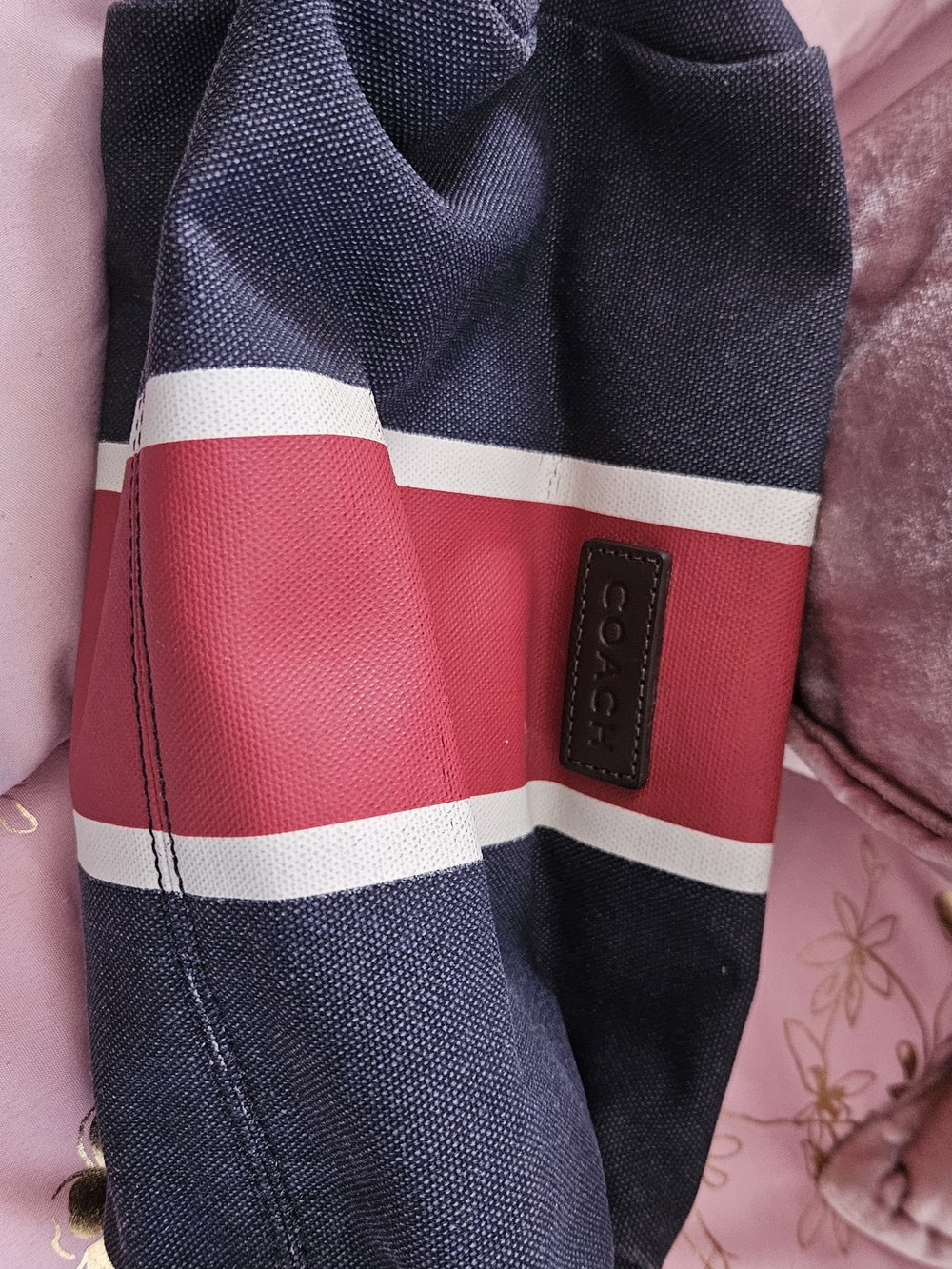 Coach Two-Tone Canvas Duffel Bag in Rust Red, Navy & Cream w/ Tolitery Bag - Picture 8 of 11